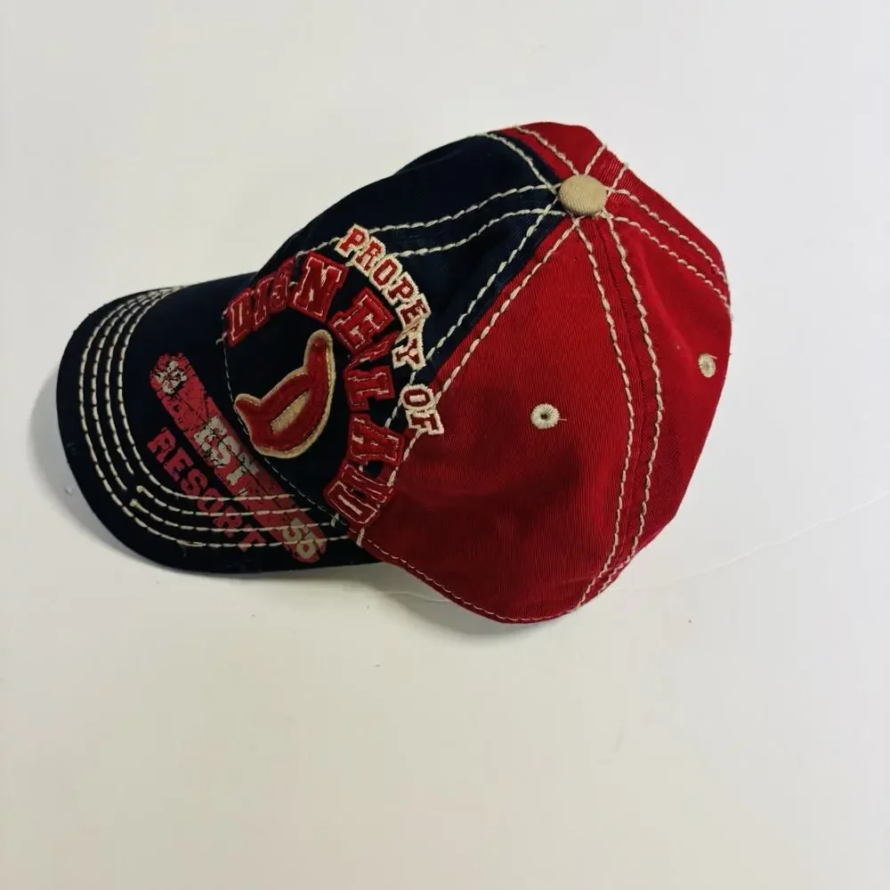 DISNEY. ADULT BLUE/RED/BIEGE DISTRESSED DISNEY STRAPBACK HAT - Very Clean.